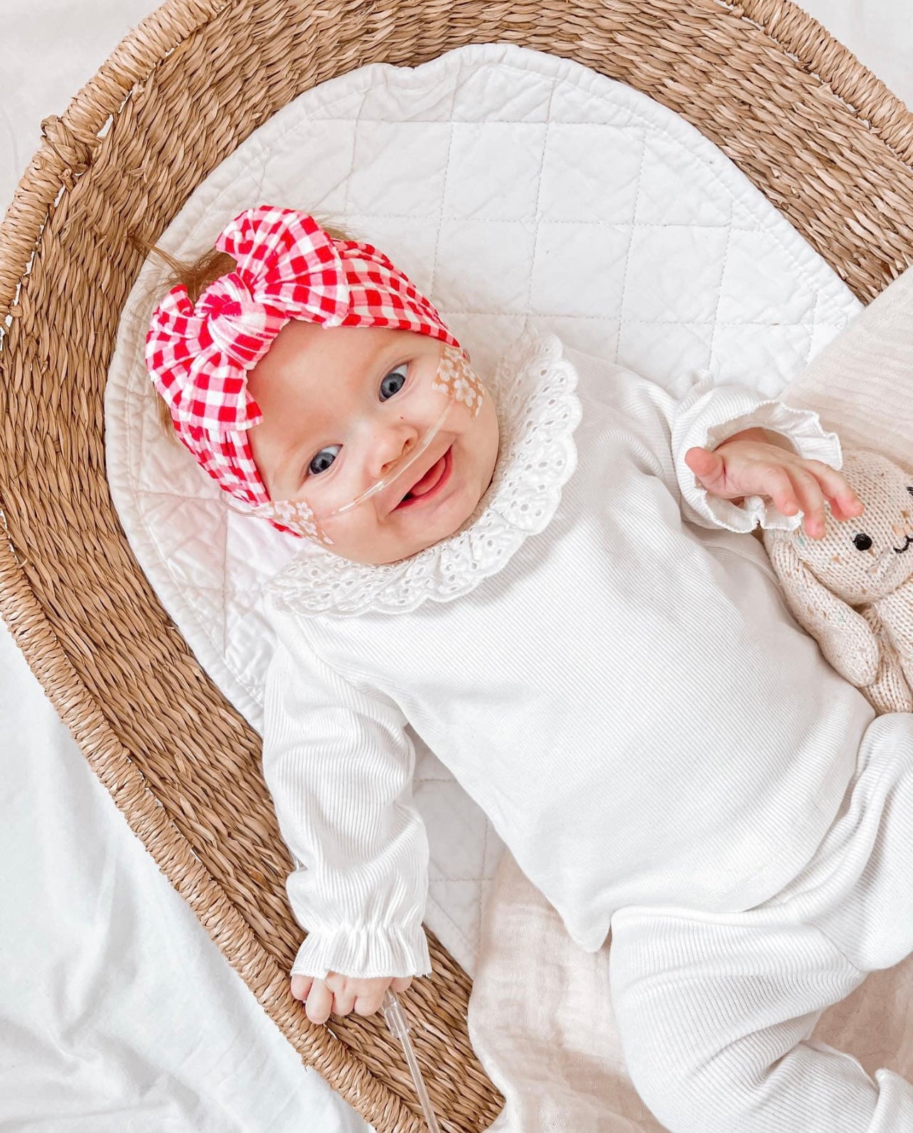 Cable knit bow headband- Red and white gingham