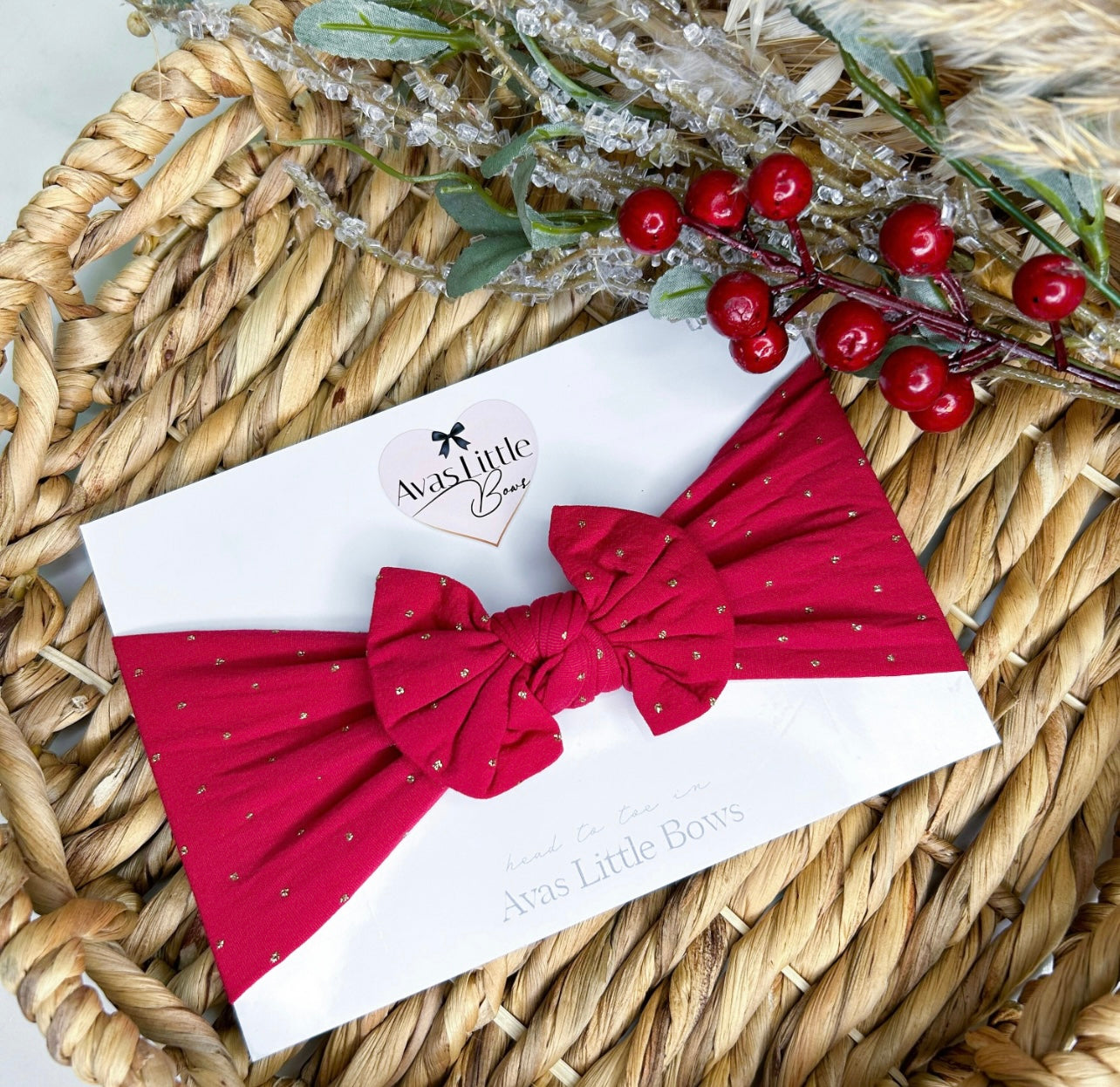 Classic bow headband- Cranberry red and gold glitter spot