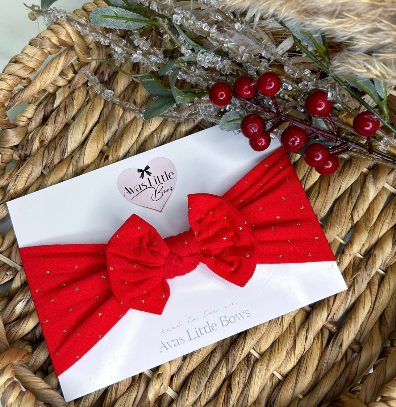 Classic bow headband- Red and gold glitter spot