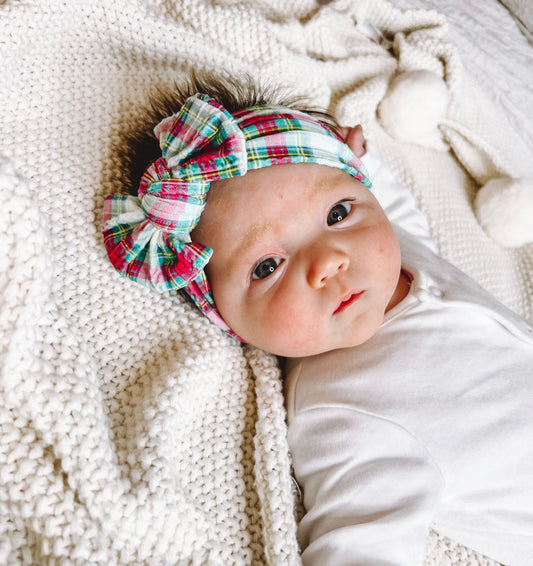 Cable knit bow headband - Christmas green tartan