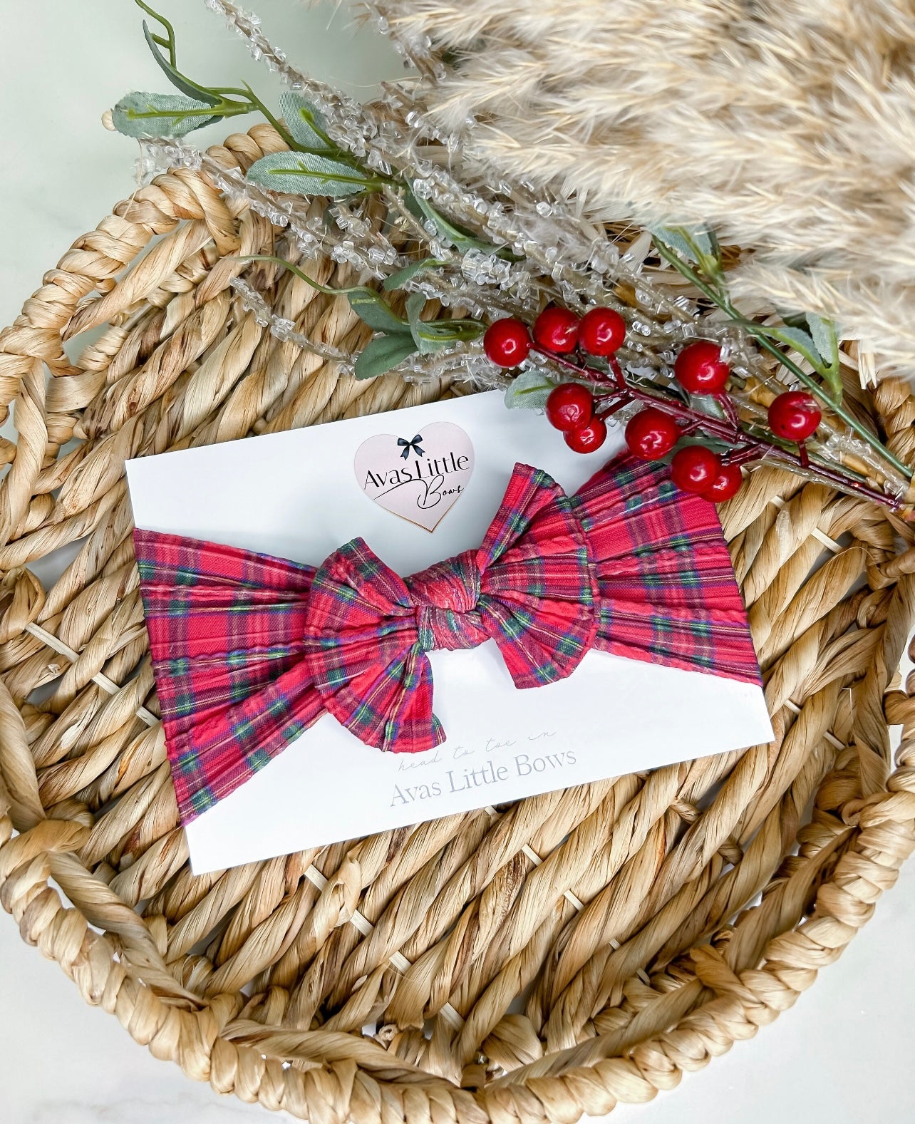 Cable knit bow headband- Classic christmas tartan