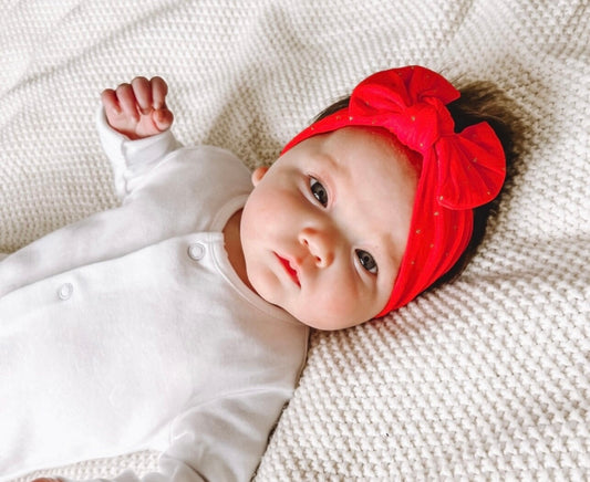 Classic bow headband- Red and gold glitter spot