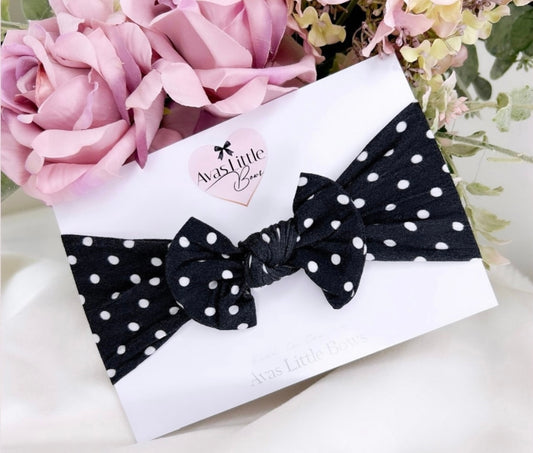 Classic bow headband- Black and white polka dot