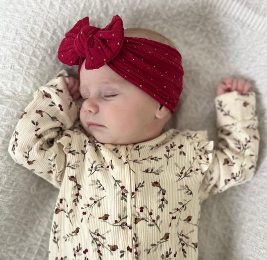 Cable knit bow headband - Cranberry gold glitter spot