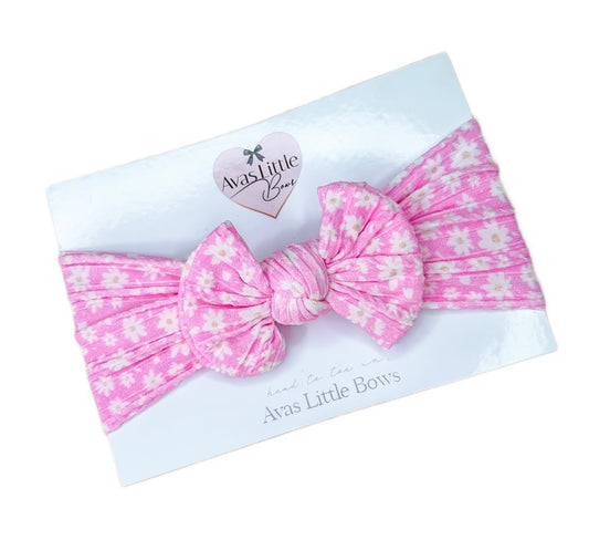 Cable knit bow headband- Pink daisy