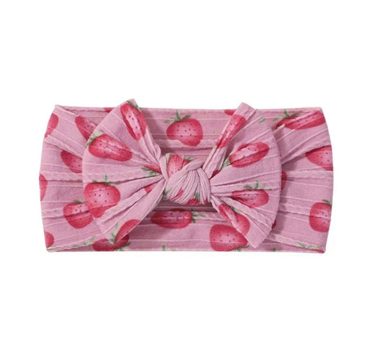 Cable knit bow headband - Strawberry print